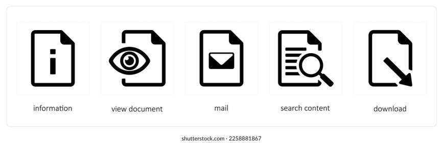A set of 5 files icons such as information, view document, mail