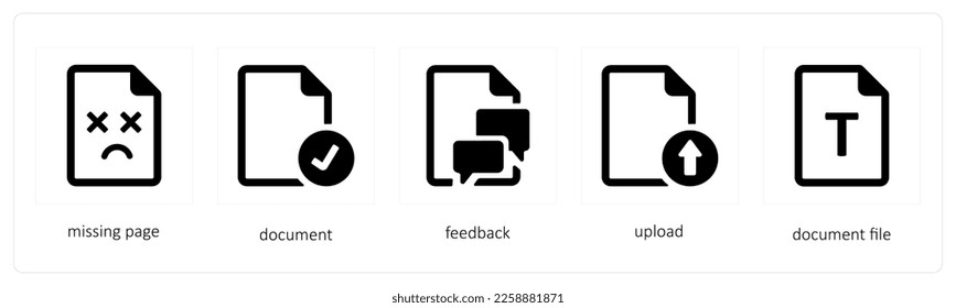 Un conjunto de 5 iconos de archivos como página que falta, documento, comentarios