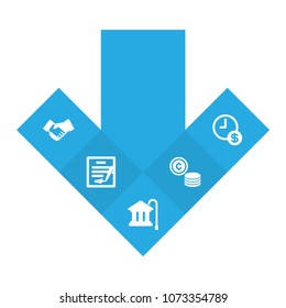 Set of 5 finance icons set. Collection of contract, financial, coins and other elements.