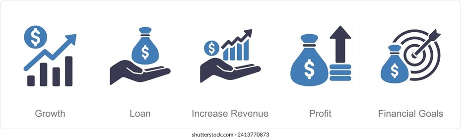 A set of 5 Finance icons as growth, loan, increase revenue