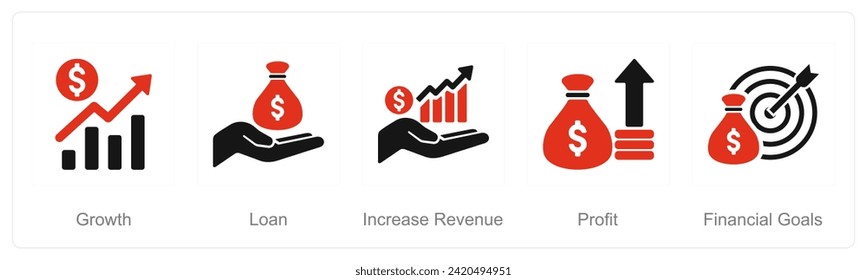 A set of 5 Finance icons as growth, loan, increase revenue