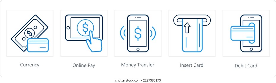 A set of 5 finance and money icons such as currency, online pay