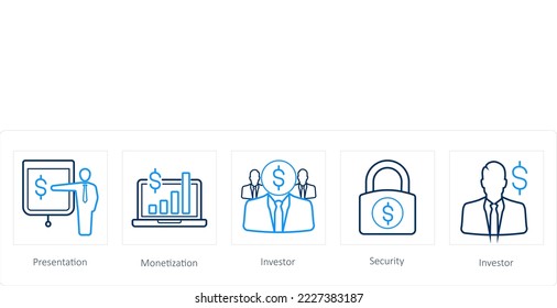 A set of 5 finance and money icons such as presentation, monetization
