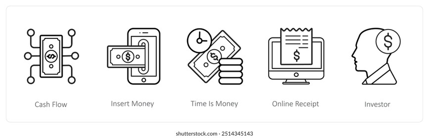 Um conjunto de 5 ícones de finanças e dinheiro, como cash flow, insert money