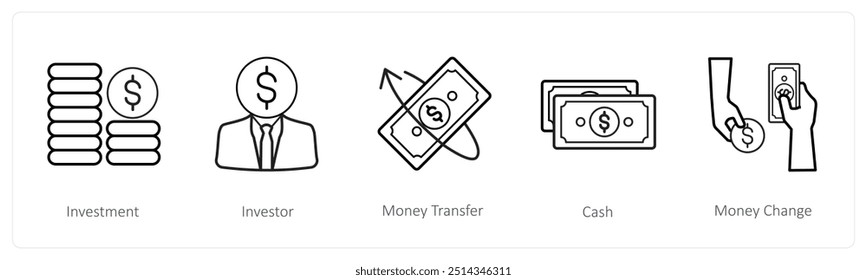 A set of 5 finance and money icons such as investment, investor, money transfer