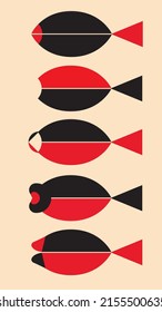 A set of 5 Fishes is designed by simple shape and black and red color. It is nice and easy to design your own clip art, sticker, pattern, t-shirt,  poster, card, home deco and more. 