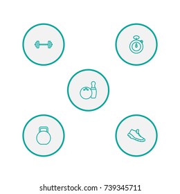 Set Of 5 Fitness Outline Icons Set.Collection Of Trekking Shoes, Bowling, Stopwatch And Other Elements.