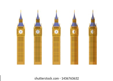 Set of 5 flat, lined and shadowed Big Ben icon. London architecture symbol. British national symbol.