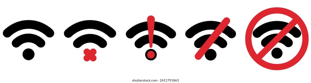 Set of 5 flat Wi-Fi icons isolated on a transparent background. Wireless internet sign. Editable stroke. Vector illustration.