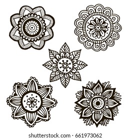Set of 5 flower mandala in hand drawn style for prints, fabric and tattoo. Vector illustration. Isolated on white
