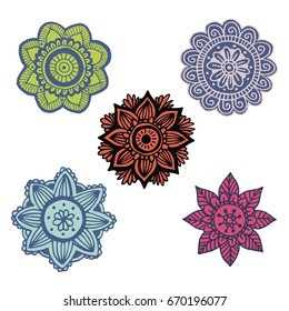 Set of 5 flower mandala in hand drawn style for prints, fabric and tattoo. Vector illustration. Isolated on white