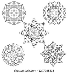 Set 5 Flower mandala outline   Vintage decorative elements. Oriental pattern, wedding, yoga