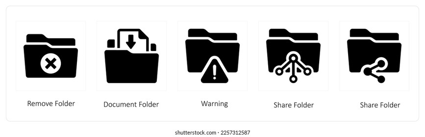 Un conjunto de 5 iconos de carpeta como eliminar, documentar y advertir carpeta