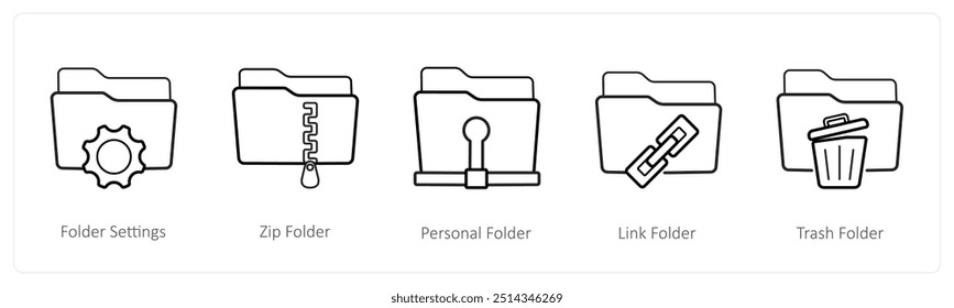 Um conjunto de 5 ícones de pasta, como configurações de pasta, pasta zip