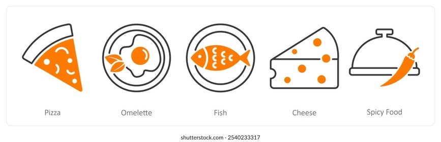 A set of 5 Food and Drink icons as pizza, omelette, fish