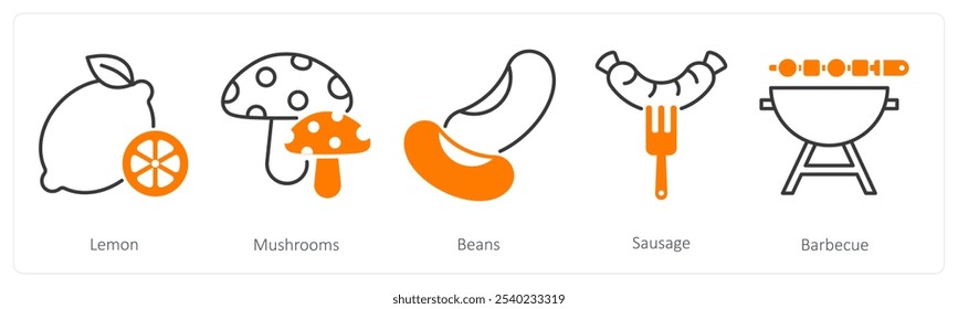 A set of 5 Food and Drink icons as lemon, mushrooms, beans