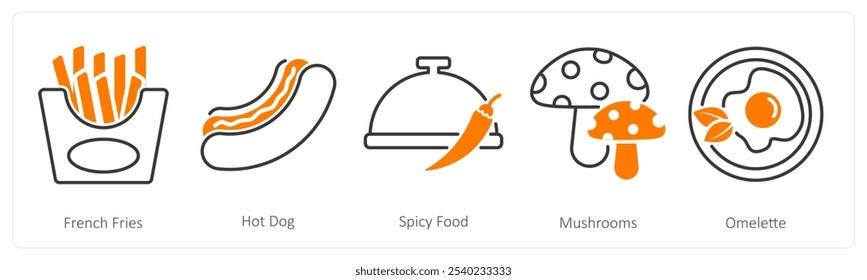 A set of 5 Food and Drink icons as french fries, hot dog, spicy food