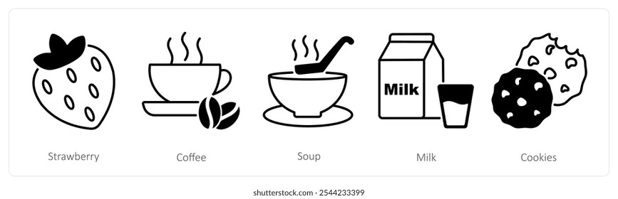 A set of 5 Food and Drink icons as strawberry, coffee, soup