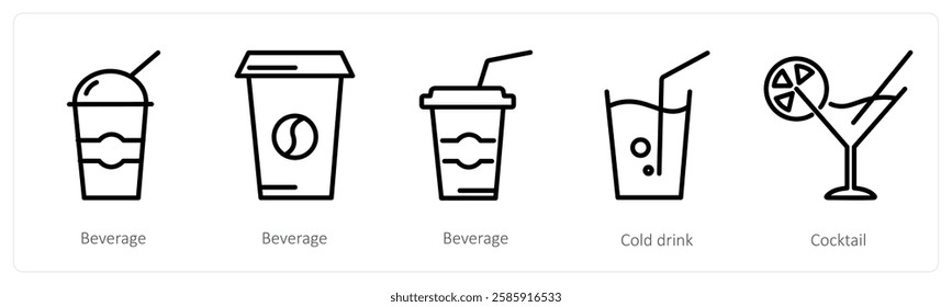 A set of 5 food icons as beverage, cold drink, cocktail