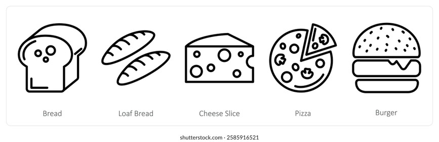 A set of 5 food icons as bread, loaf bread, cheese slice