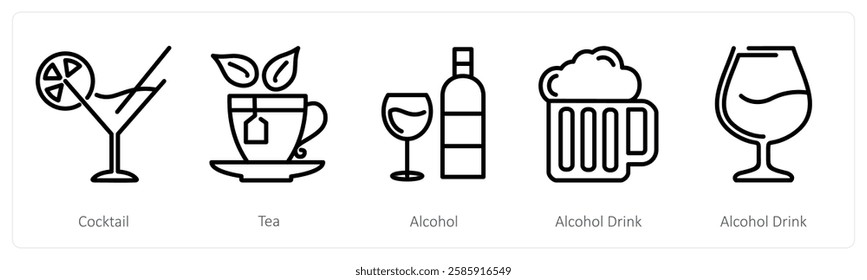 A set of 5 food icons as cocktail, tea, alcohol