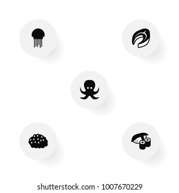 Set of 5 food icons set. Collection of sushi, caviar, steak and other elements.