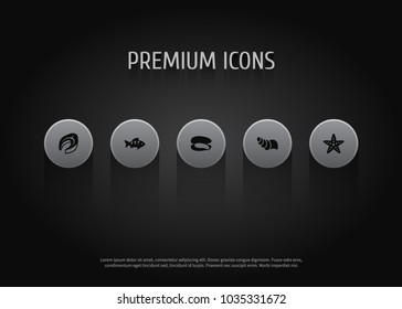 Set of 5 food icons set. Collection of steak, starfish, perch and other elements.