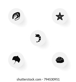 Set of 5 food icons set. Collection of beefsteak, sea star, stingray and other elements.