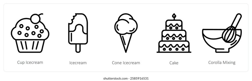 A set of 5 food icons as cup ice cream, ice cream, cone ice cream