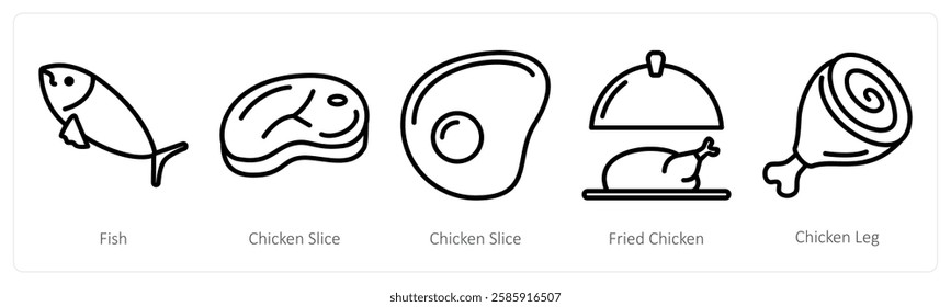 A set of 5 food icons as fish, chicken slice, fried chicken