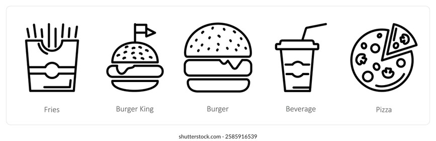 A set of 5 food icons as fries, burger king, burger