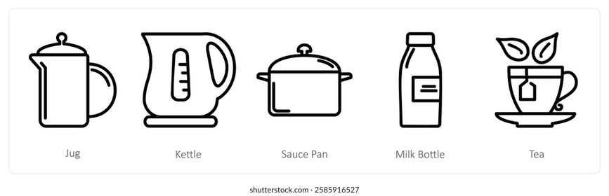 A set of 5 food icons as jug, kettle, sauce pan