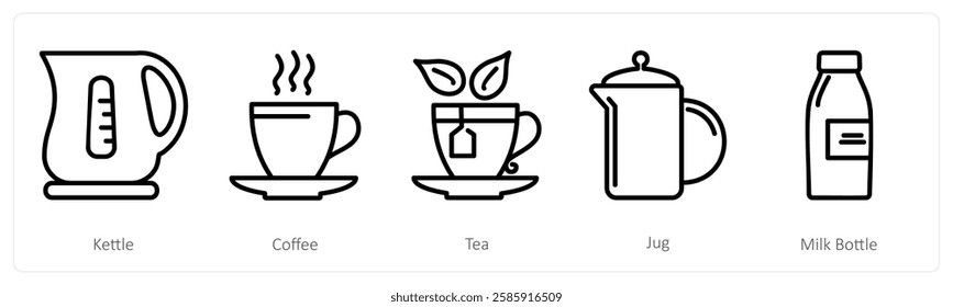 A set of 5 food icons as kettle, coffee, tea