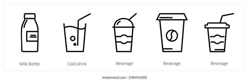 A set of 5 food icons as milk bottle, cold drink, beverage