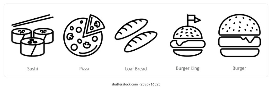 A set of 5 food icons as sushi, pizza, loaf bread