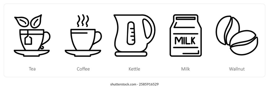 A set of 5 food icons as tea, coffee, kettle