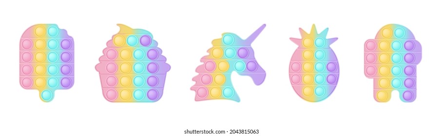 Set of 5 forms pop it a fashionable silicon toys for fidgets. Addictive anti-stress toy in pastel colors. Bubble sensory developing popit for kids. Vector illustration isolated on a white background.