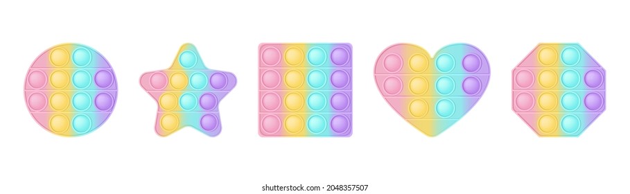 Set of 5 forms pop it a fashionable silicon toys for fidgets. Addictive anti-stress toy in pastel colors. Bubble sensory developing popit for kids. Vector illustration isolated on a white background.