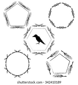 Set of 5 frame with feathers and crow. Hand drawn vector template. Tribal design element.
