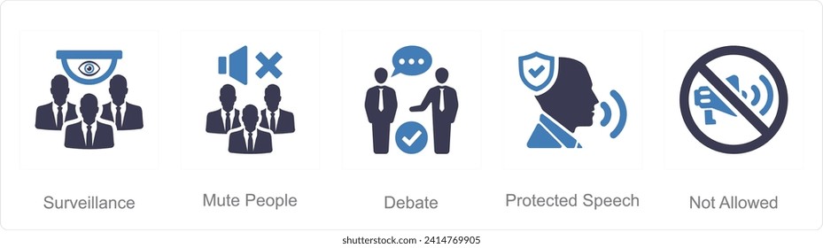 A set of 5 Freedom of Speech icons as surveillance, mute people, debate