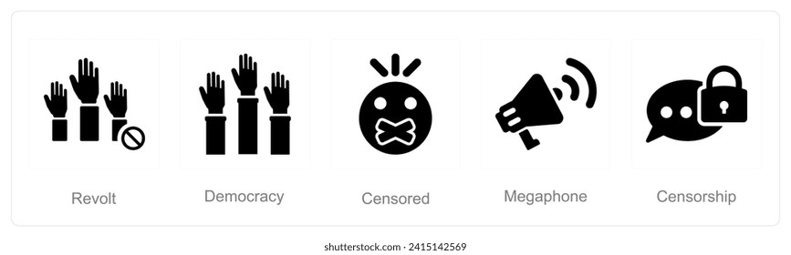 A set of 5 Freedom of Speech icons as revolt, democracy, censored