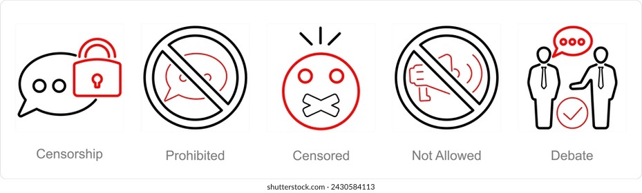 A set of 5 Freedom of Speech icons as censorship, prohibited, censored