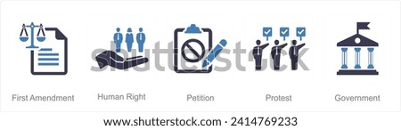 A set of 5 Freedom of Speech icons as first amendment, human right, petition