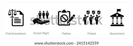 A set of 5 Freedom of Speech icons as first amendment, human right, petition