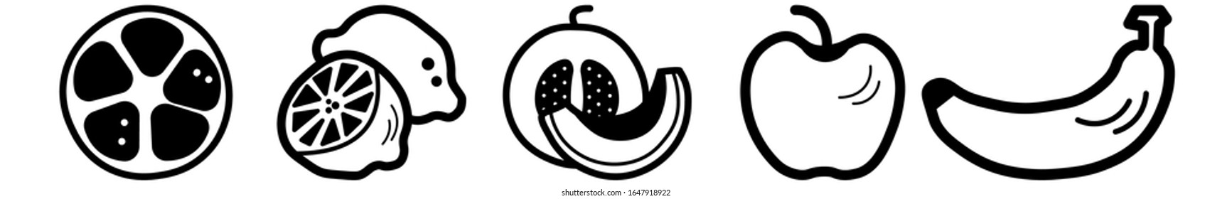 Set of 5 fruits vegan icons for web and mobile. Farm and organic food. Orange, lemon, apple, melon, banana