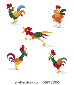Set of 5 funny cartoon cocks. New year, merry christmas.