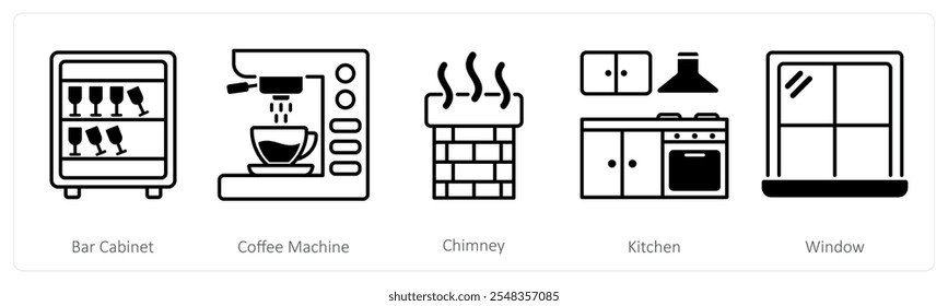 A set of 5 Furniture icons as bar cabinet, coffee machine, chimney