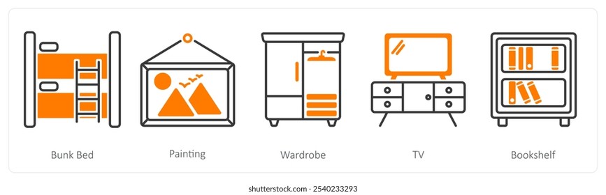 A set of 5 Furniture icons as bunk bed, painting, wardrobe