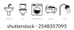 A set of 5 Furniture icons as wash basin, toilet, washing machine