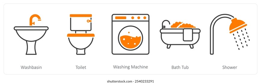 A set of 5 Furniture icons as wash basin, toilet, washing machine